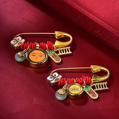 Buddhist Blessing Tibetan Dancing Lion Jade Peace Buckle Fu Character Safe And Well Copper Luck Brooch