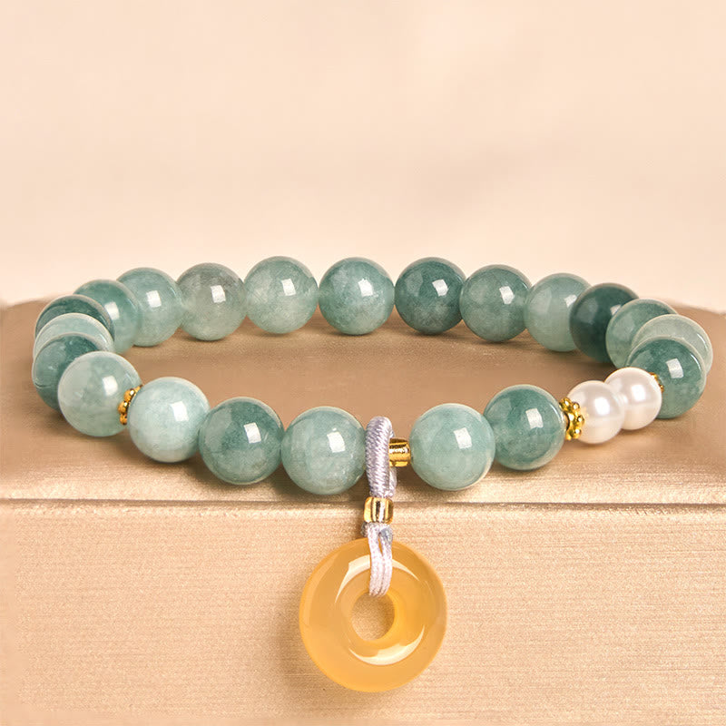 Buddhist Blessing Blue Jade Peace Buckle Pearl Beads Prosperity Bracelet