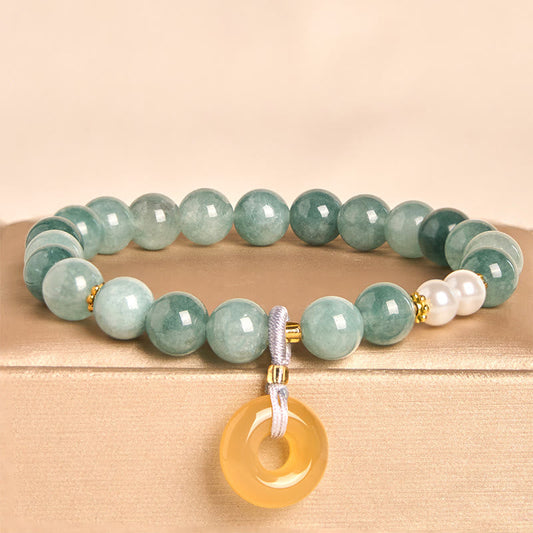 Buddhist Blessing Blue Jade Peace Buckle Pearl Beads Prosperity Bracelet