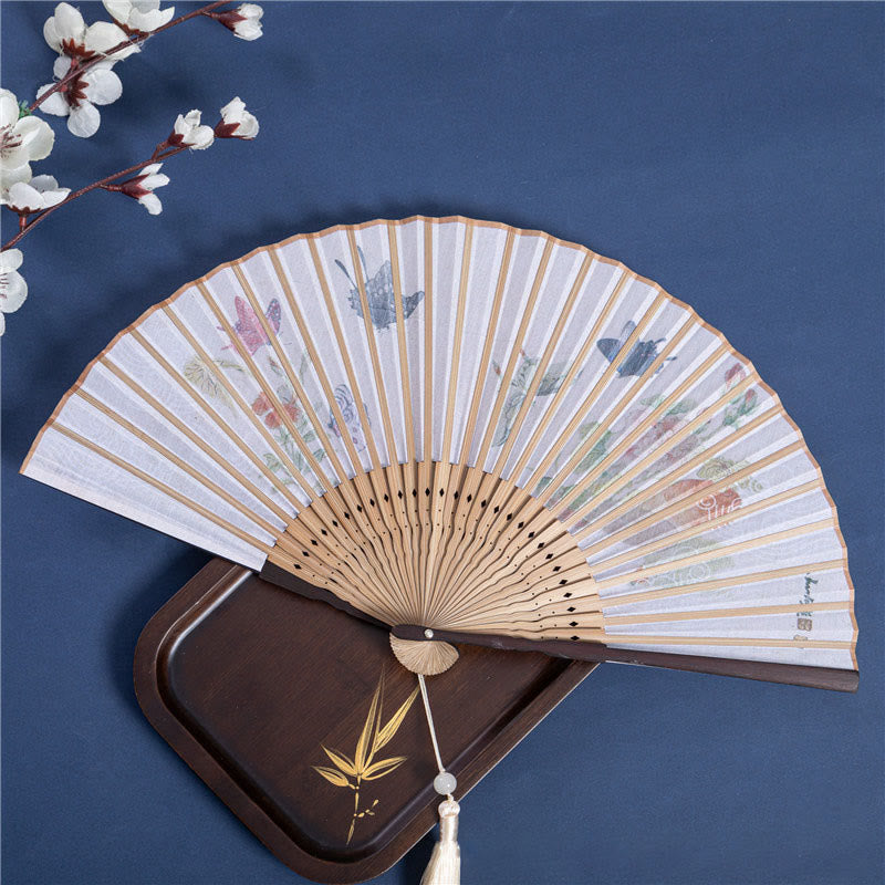 Buddhist Blessing Butterfly Orchid Cat Handheld Cotton Linen Bamboo Folding Fan 22cm