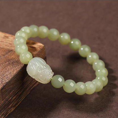 Buddhist Blessing Natural Hetian Jade PiXiu Carved Luck Bracelet