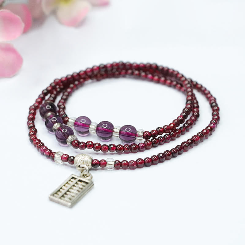 Buddhist Blessing Natural Garnet Elephant Abacus Lucky Bag PiXiu Protection Triple Wrap Bracelet