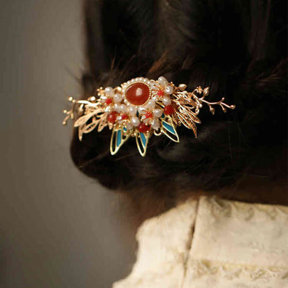 Buddhist Blessing Classical Chinese Style Flower Branche Butterfly Pearl Tassel Hair Clip Hair Comb Hair Crown