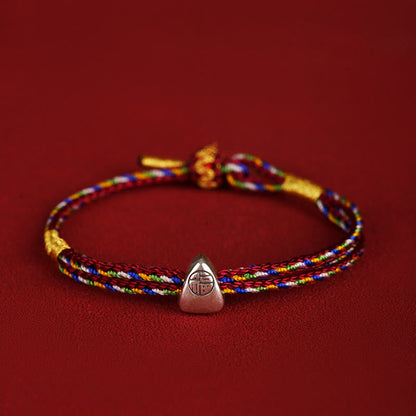 Buddhist Blessing 925 Sterling Silver Fu Character Luck Multicolored Rope Bracelet