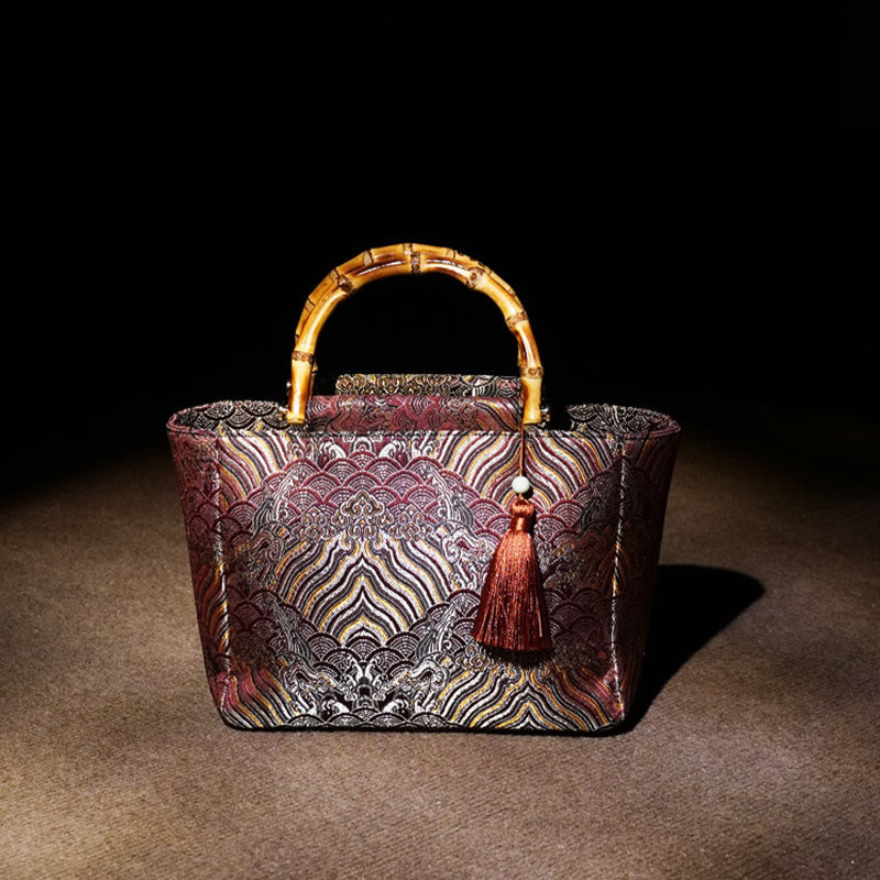 Buddhist Blessing Mountain Seawater Wave Pattern Bamboo Handle Bead Tassel Hangbags