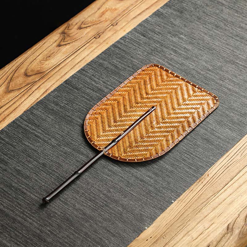 Buddhist Blessing Chinese Style Handmade Bamboo Woven Round Oval Banana Shape Long Handle Fan