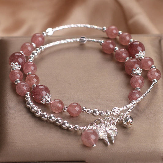 Buddhist Blessing Natural Strawberry Quartz Bow-knot Rosette Charm Healing Double Wrap Bracelet