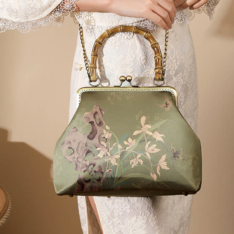 Buddhist Blessing Green Plants Mountains Bamboo Handle Metal Chain Crossbody Bag Handbags