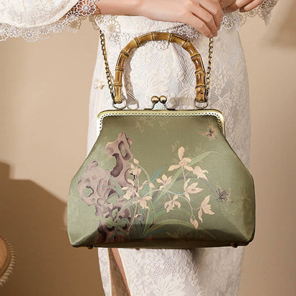 Buddhist Blessing Green Plants Mountains Bamboo Handle Metal Chain Crossbody Bag Handbags