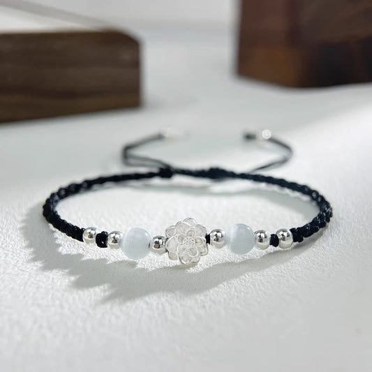 Buddhist Blessing 999 Sterling Silver Lotus Design Cat's Eye Bead Protection String Bracelet