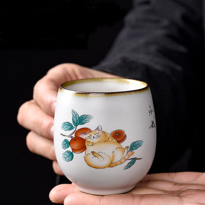Buddhist Blessing Cute Lying Cat Branches Teacup Kung Fu Tea Cup With Gift Box