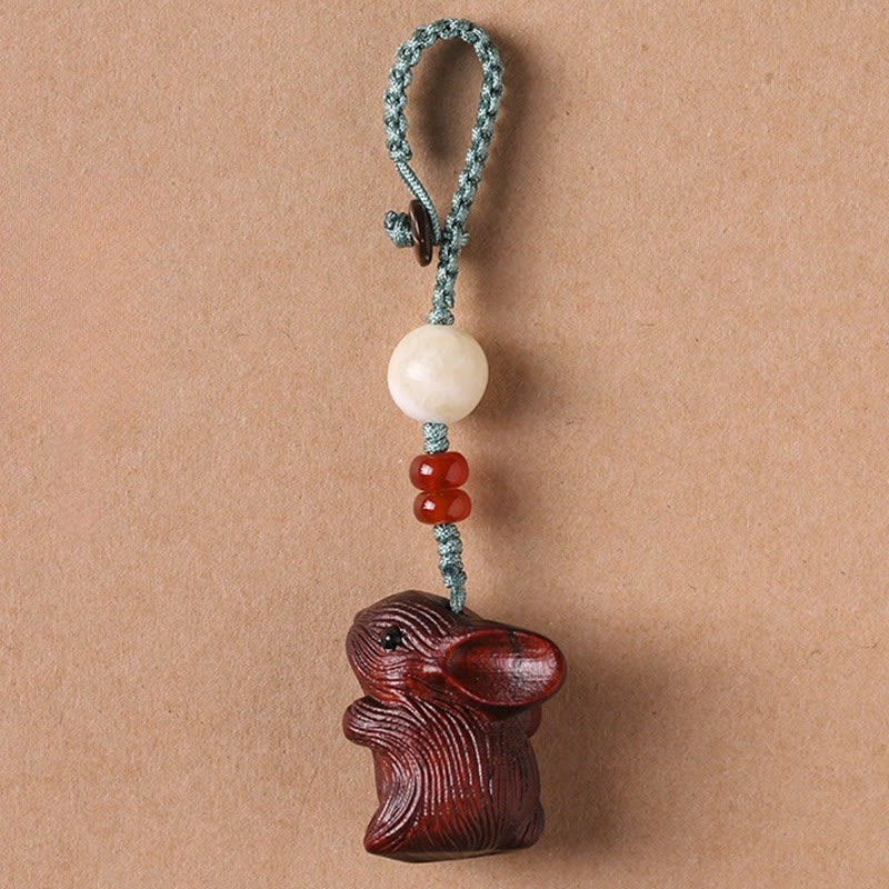 Buddhist Blessing Sandalwood Small Leaf Red Sandalwood Lucky Mini Rabbit Protection Key Chain Phone Hanging Decoration