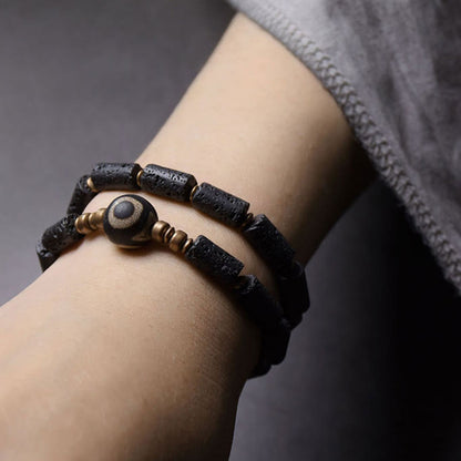 Buddhist Blessing Vintage Lava Rock Three-eyed Dzi Bead Copper Brass Multi-turn Wrap Calm Bracelet