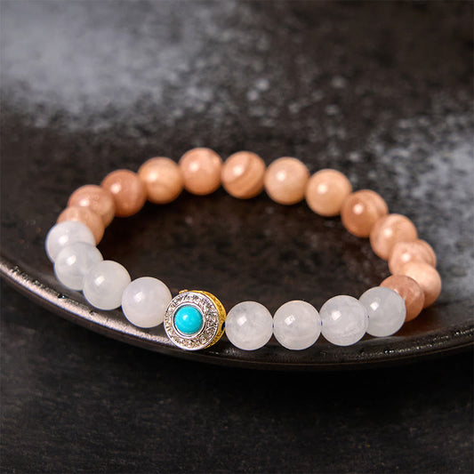 Buddhist Blessing Natural Peach Moonstone Aquamarine Soothing Bracelet