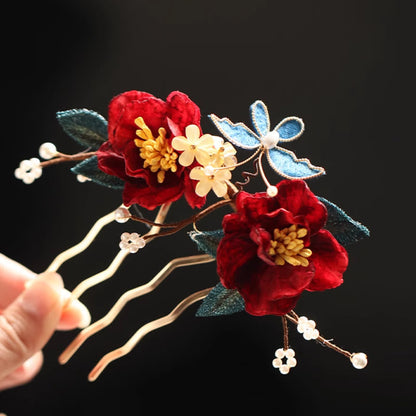 Buddhist Blessing Chinese Style Red Camellia Butterfly Hair Clip Hair Comb Hairpin Barrette Accessory