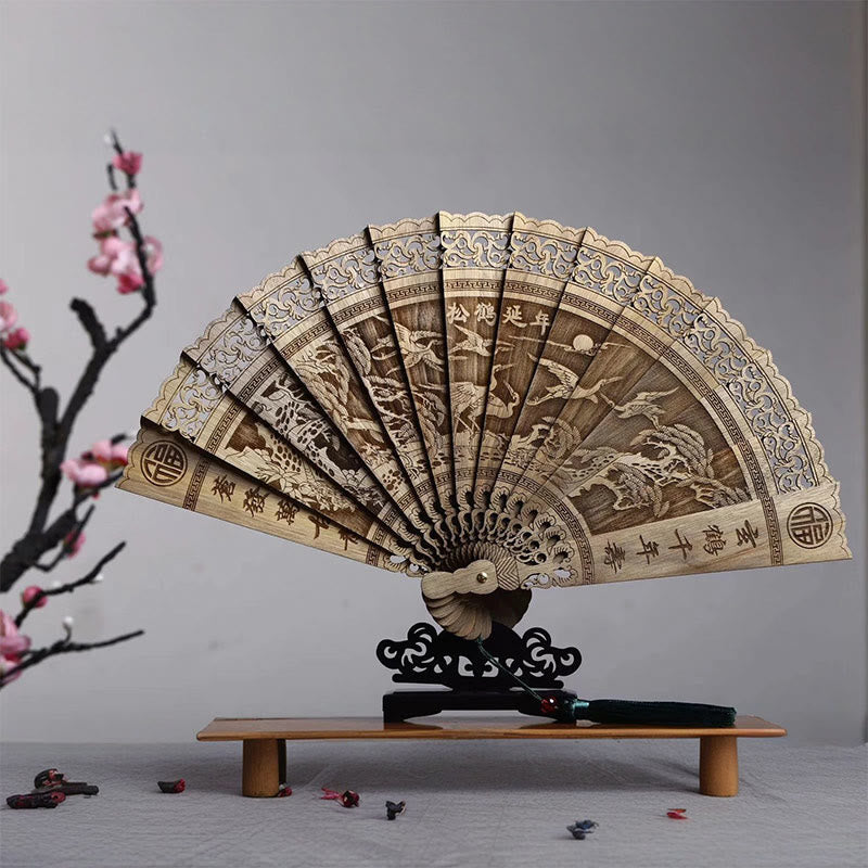 Buddhist Blessing Koi Fish Peony Bird Flower Engraved Hollow Handheld Phoebe Zhennan Wood Folding Fan 22cm
