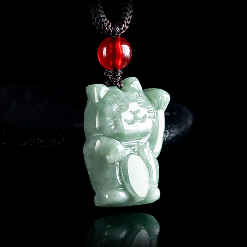 Buddhist Blessing Lucky Cat Jade Abundance Necklace Pendant