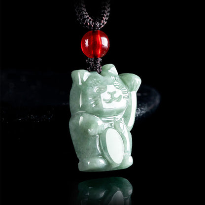 Buddhist Blessing Lucky Cat Jade Abundance Necklace Pendant