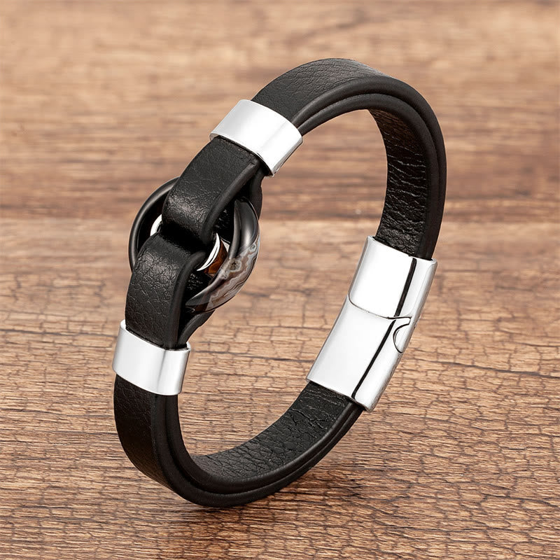 Buddhist Blessing Round Green Aventurine Black Onyx Hematite Agate Rose Quartz Stone Balance Leather Magnetic Buckle Bracelet