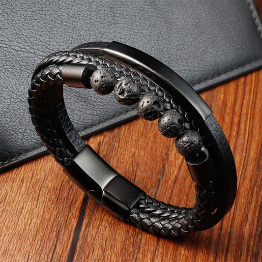 Buddhist Blessing Leather Titanium Steel Lava Rock Strengthen Buckle Bracelet