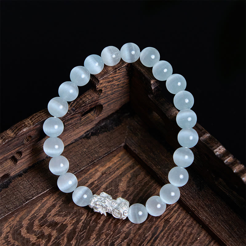 Buddhist Blessing Natural Cat's Eye Beads 990 Sterling Silver Pixiu Positive Bracelet