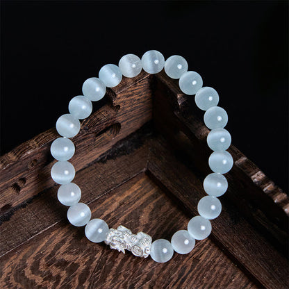 Buddhist Blessing Natural Cat's Eye Beads 990 Sterling Silver Pixiu Positive Bracelet