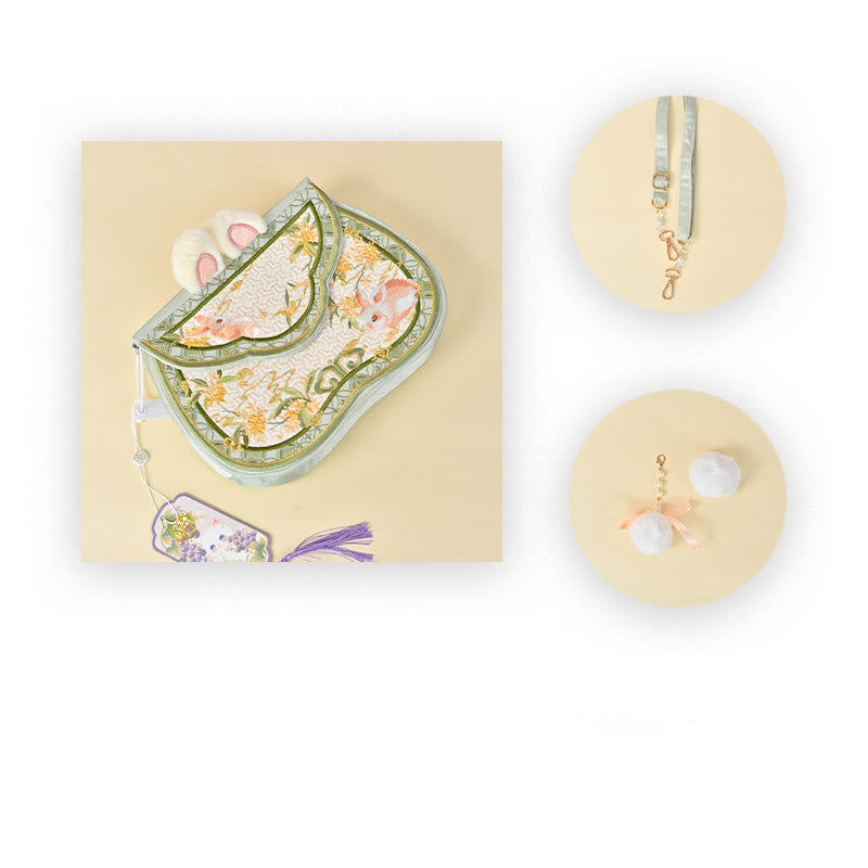 Buddhist Blessing Osmanthus Rabbit Embroidery Pearl Chain Furball Tassel Shoulder Bag Crossbody Bag
