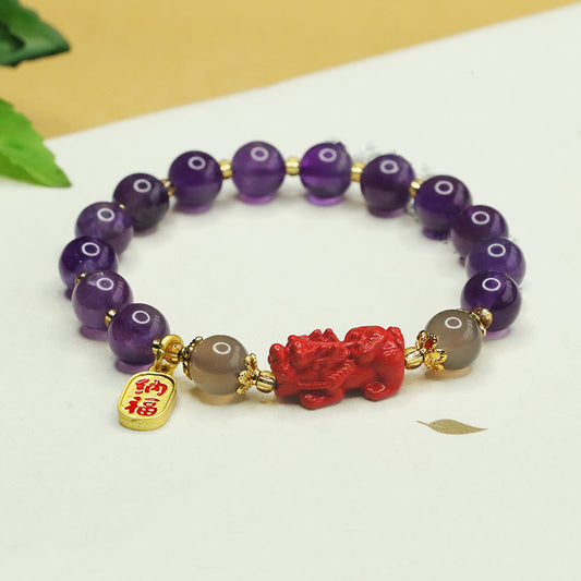 Buddhist Blessing Natural Amethyst Cinnabar Pi Xiu Fu Character Balance Bracelet