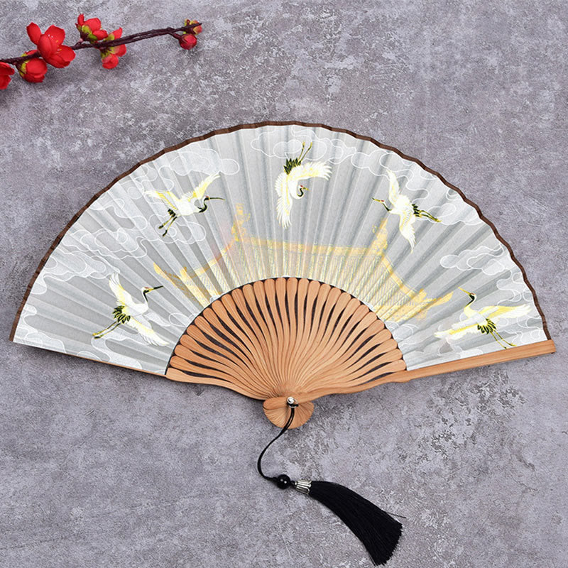 Buddhist Blessing Cranes Auspicious Clouds Solid Color Gradient Handheld Cotton Linen Fabric Bamboo Folding Fan