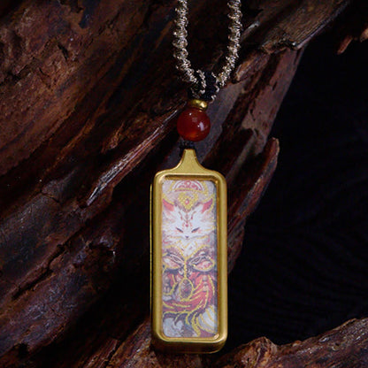 Buddhist Blessing Tibet Zakiram Yellow God of Wealth Nine Tailed Fox Hand-Painted Thangka Calm Necklace Pendant