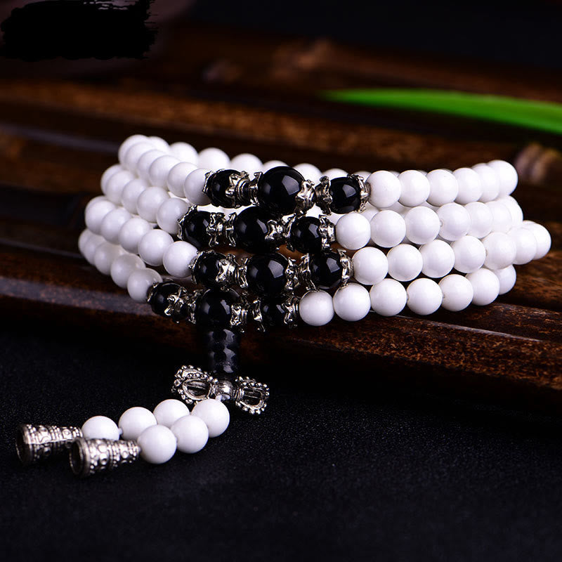Buddhist Blessing 108 Mala Beads White Porcelain Six True Words 'Om Mani Padme Hum' Patience Bracelet