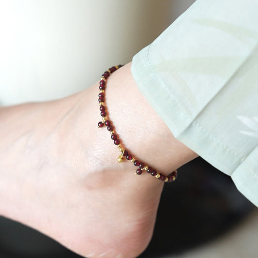 Buddhist Blessing Natural 4mm Garnet Copper Gold Plated Calm Anklet