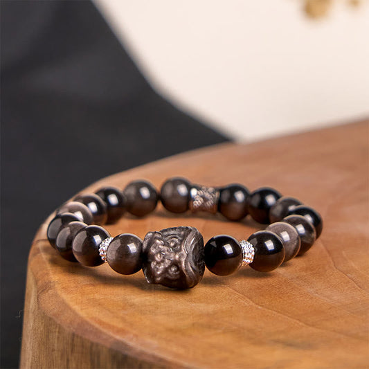 Buddhist Blessing Natural Silver Sheen Obsidian Lion Dance Protection Bracelet