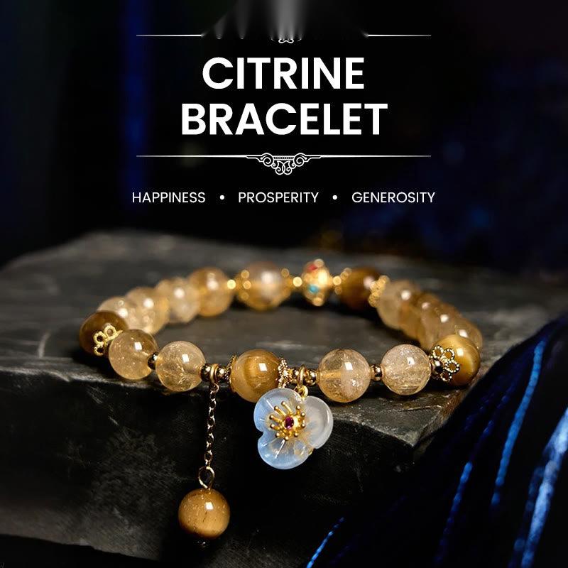 Buddhist Blessing Citrine Tiger Eye Flower Charm Generosity Bracelet