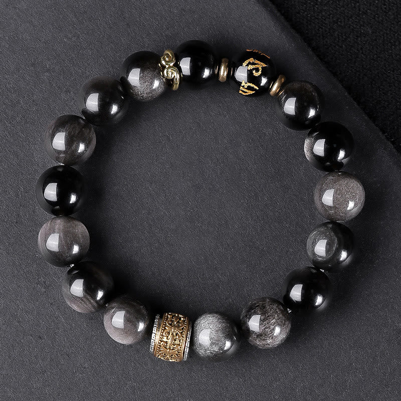 Buddhist Blessing Natural Silver Sheen Obsidian Tiger's Eye Six True Words 'Om Mani Padme Hum' Strength Bracelet