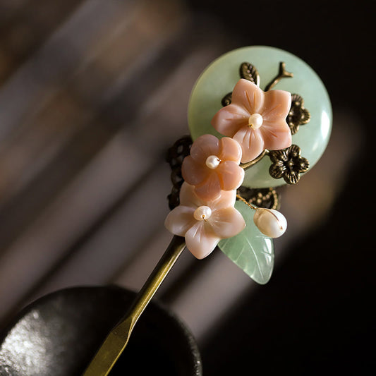 Buddhist Blessing Copper Jade Shell Flower Leaves Luck Hairpin