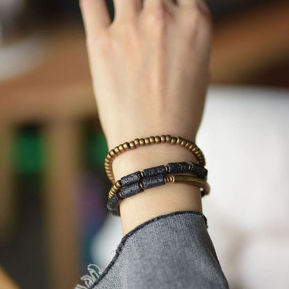Buddhist Blessing Vintage Lava Rock Copper Brass Multi-turn Wrap Calm Bracelet