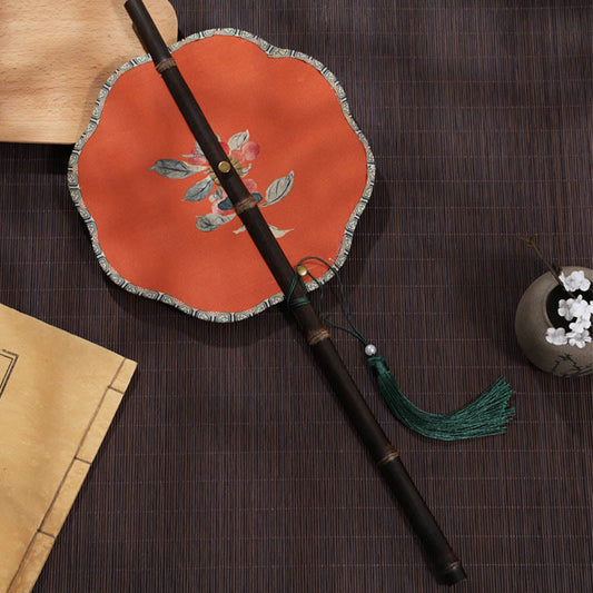 Buddhist Blessing Handmade Cherry Bamboo Leaf Grape Pattern Long Purple Bamboo Handle Portable Curlable Fan