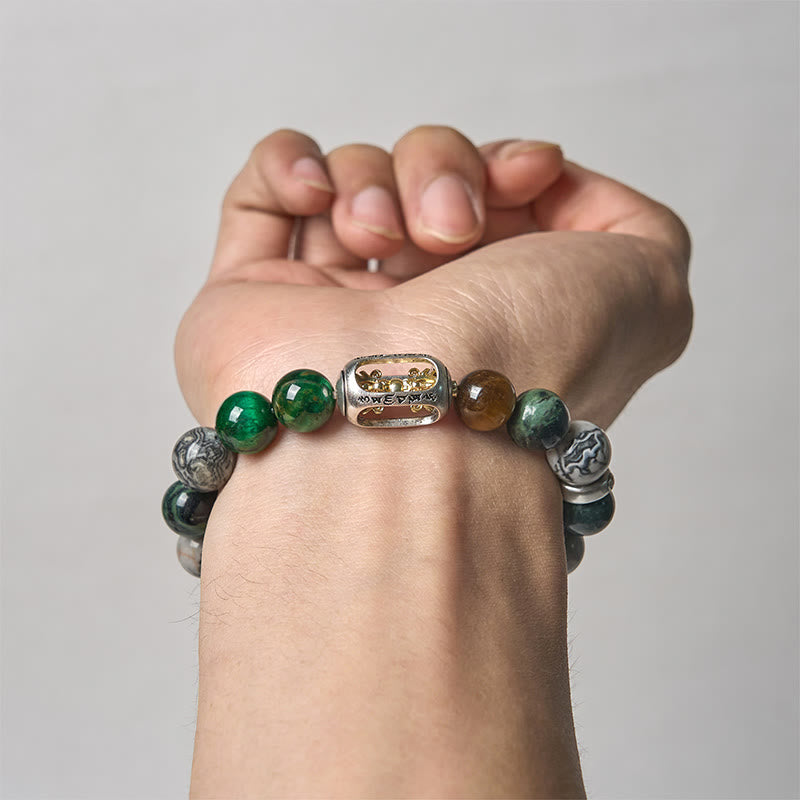 Buddhist Blessing Natural Grey Jasper Kambamba Jasper Tiger Eye Om Mani Padme Hum Protection Bracelet