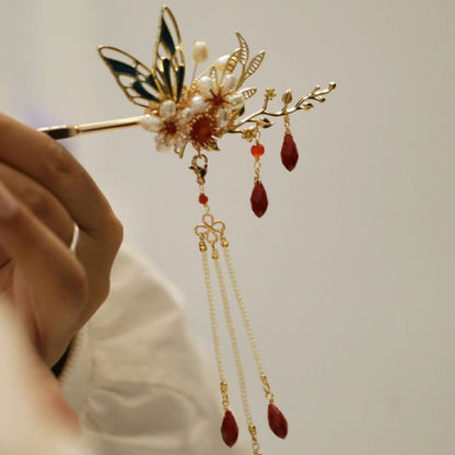 Buddhist Blessing Classical Chinese Style Flower Branche Butterfly Pearl Tassel Hair Clip Hair Comb Hair Crown
