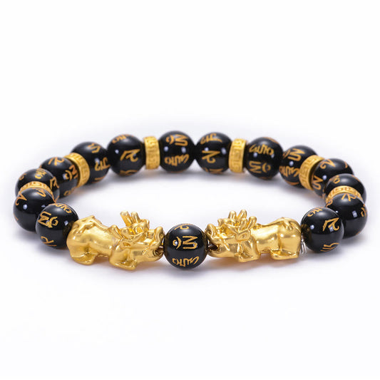 Buddhist Blessing Black Obsidian Black Onyx Golden Alloy Two PiXiu Om Mani Padme Hum Strength Bracelet