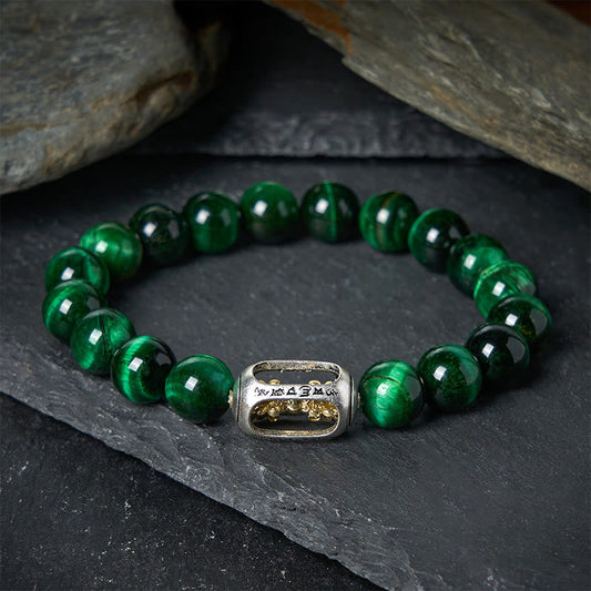 Buddhist Blessing Natural Green Tiger Eye Om Mani Padme Hum Positive Strength Bracelet