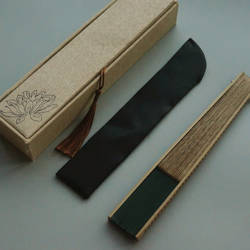 Buddhist Blessing Dark Green Tassel Hollow Rib Silk Handheld Bamboo Folding Fan