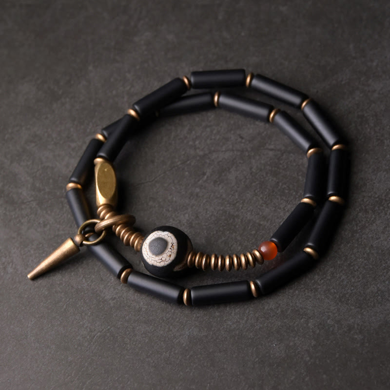 Buddhist Blessing Black Onyx Copper Dzi Bead Cone Pendant Double Wrap Protection Bracelet