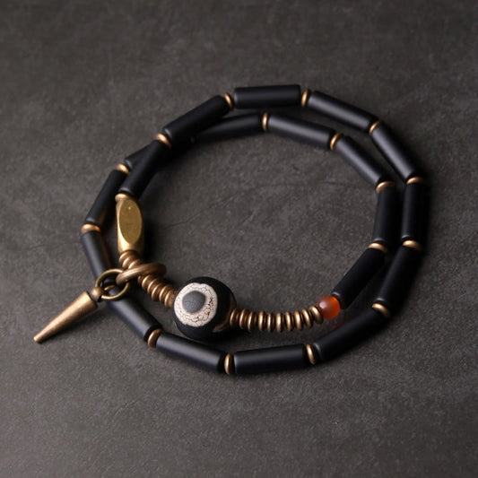 Buddhist Blessing Black Onyx Copper Dzi Bead Cone Pendant Double Wrap Protection Bracelet