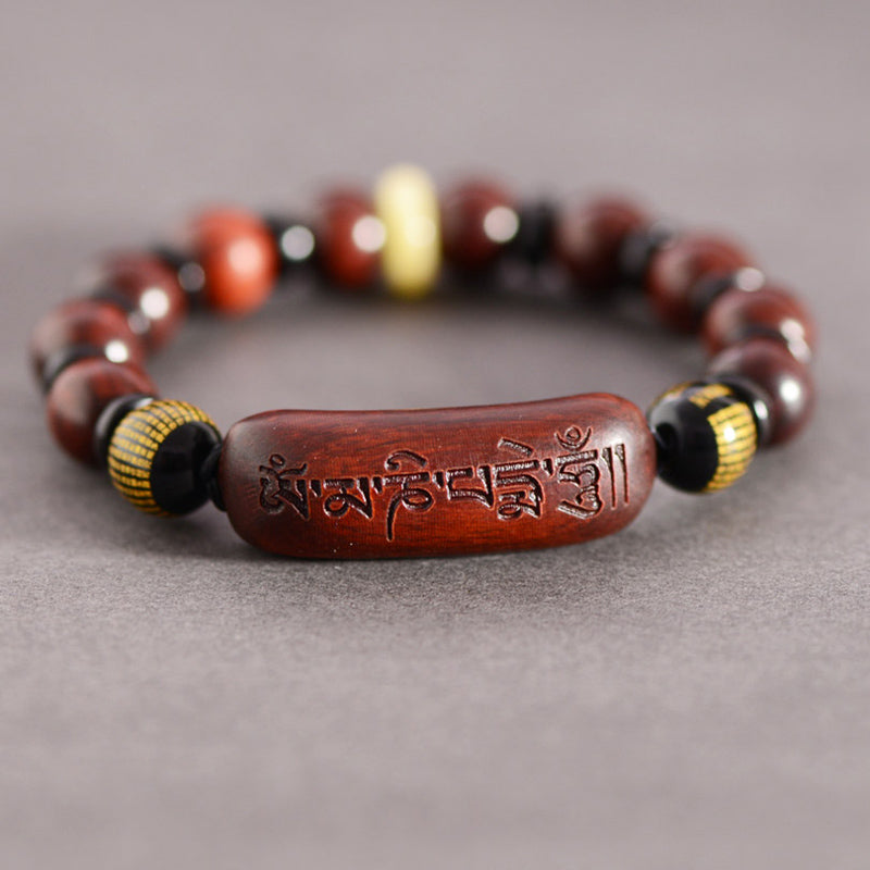 Buddhist Blessing Small Leaf Red Sandalwood Om Mani Padme Hum Engraved Protection Bracelet