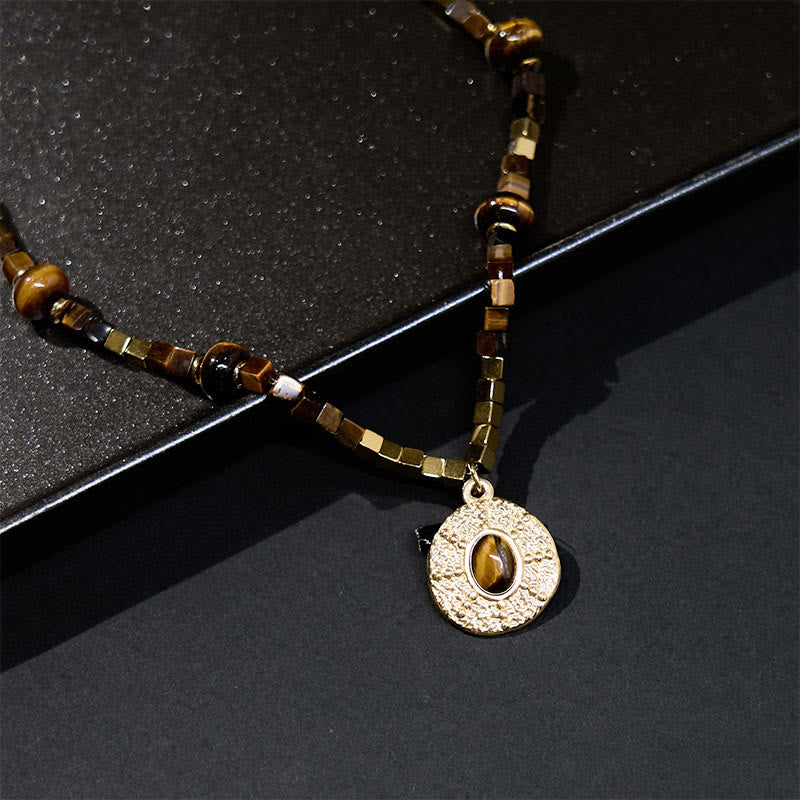 Buddhist Blessing Natural Tiger Eye Square Protection Titanium Steel Necklace Pendant