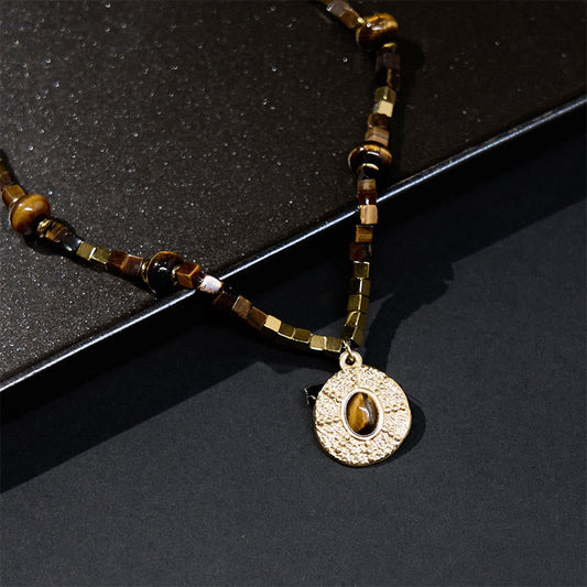 Buddhist Blessing Natural Tiger Eye Square Protection Titanium Steel Necklace Pendant