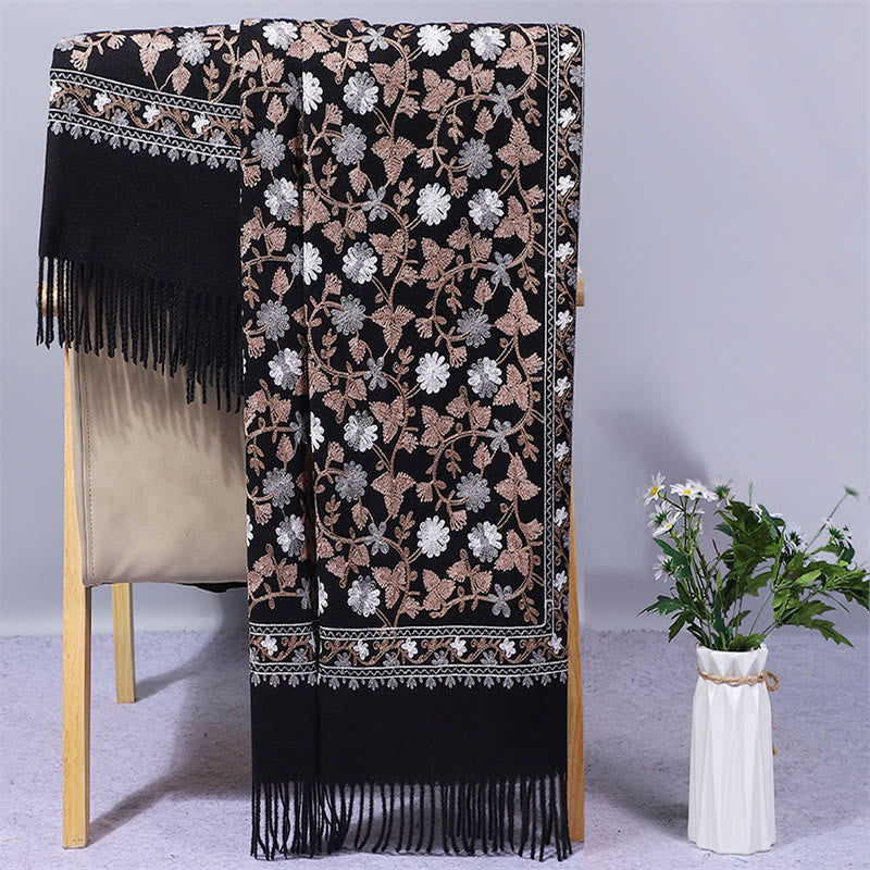 Buddhist Blessing Polyester Shawl Cashew Flowers Embroidery Tassel Winter Cozy Travel Scarf Wrap