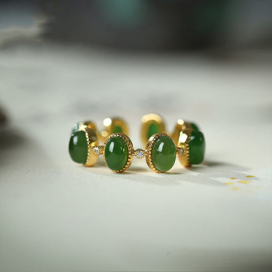 Buddhist Blessing 925 Sterling Silver Hetian Cyan Jade Beads Healing Adjustable Ring
